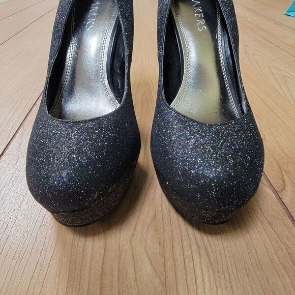 BAKERS MELINA BLACK GLITTER PLATFORM SHOES - Picture 6 of 15